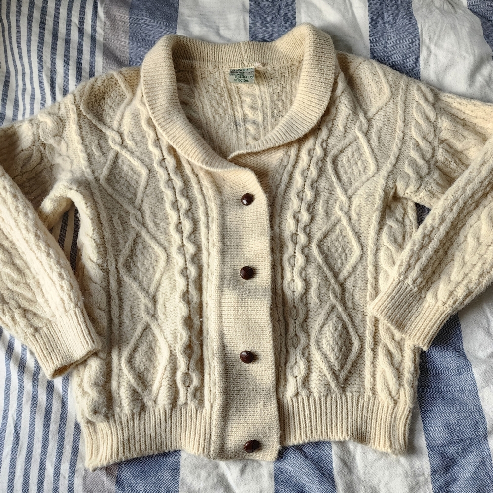 Vintage Irish Cladyknit Wool Aran Fisherman Cardigan Sweater - Picture 5 of 16